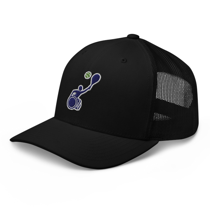 Front left angle of the MAS Kansas City Advantage Wheelchair Tennis Silhouette Black Curved Bill Trucker Snapback against a white background