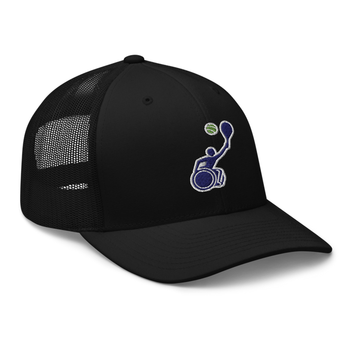 Front right angle of the MAS Kansas City Advantage Wheelchair Tennis Silhouette Black Curved Bill Trucker Snapback against a white background