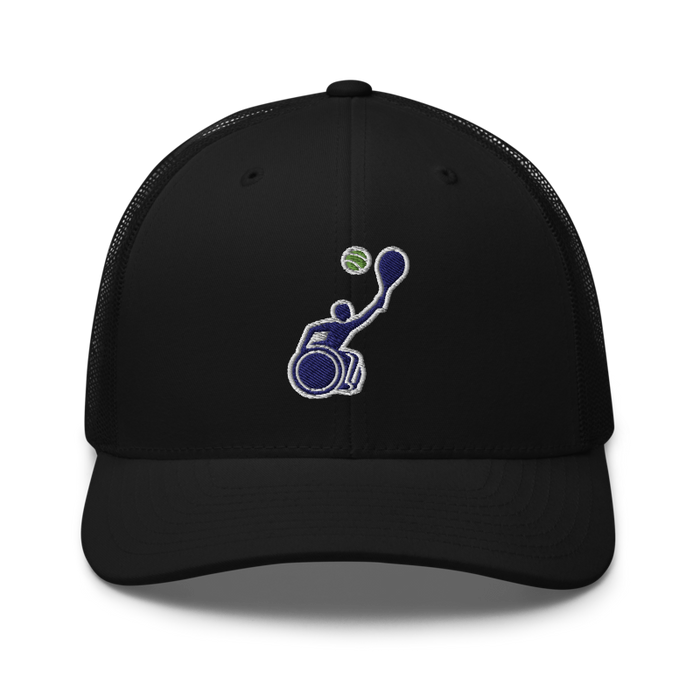 Front angle of the MAS Kansas City Advantage Wheelchair Tennis Silhouette Black Curved Bill Trucker Snapback against a white background