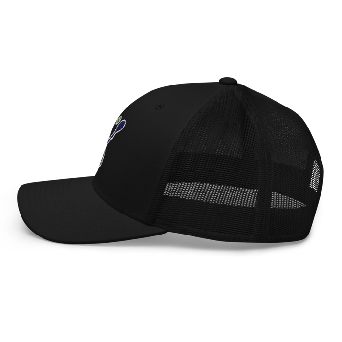 Left angle of the MAS Kansas City Advantage Wheelchair Tennis Silhouette Black Curved Bill Trucker Snapback against a white background