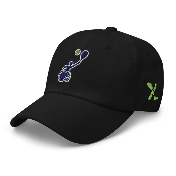 Front left angle of the MAS Kansas City Advantage Wheelchair Tennis Silhouette Black Dad Hat against a white background