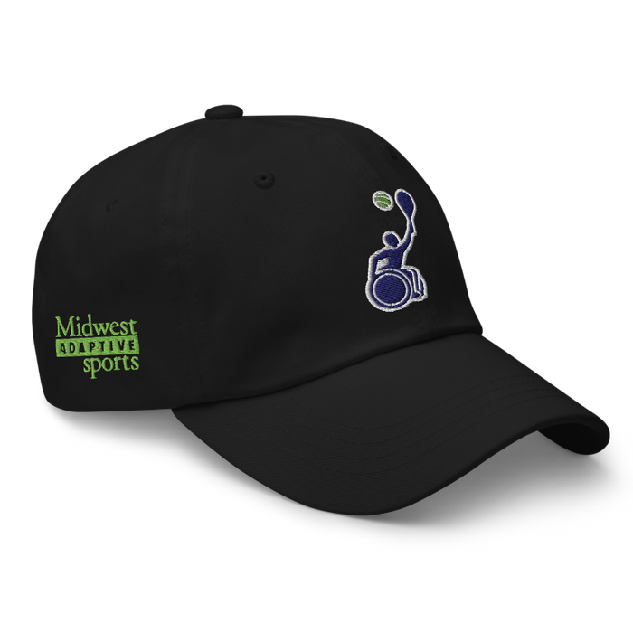 Front right angle of the MAS Kansas City Advantage Wheelchair Tennis Silhouette Black Dad Hat against a white background