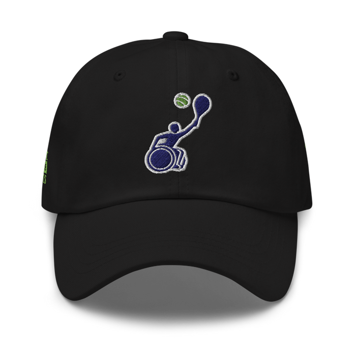 Front angle of the MAS Kansas City Advantage Wheelchair Tennis Silhouette Black Dad Hat against a white background