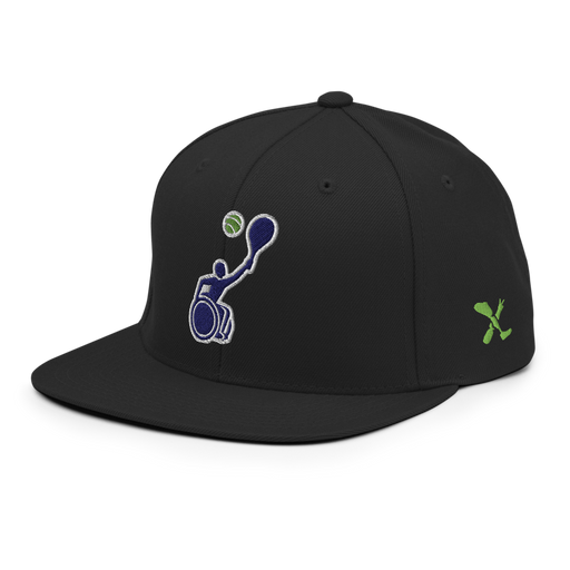 Front left angle of the MAS Kansas City Advantage Wheelchair Tennis Silhouette Black Flat Bill Snapback against a white background