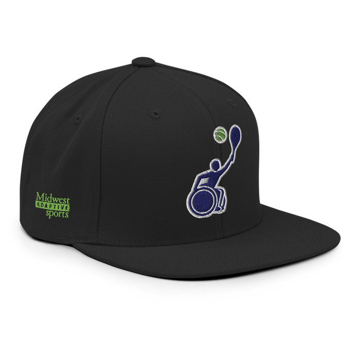Front right angle of the MAS Kansas City Advantage Wheelchair Tennis Silhouette Black Flat Bill Snapback against a white background