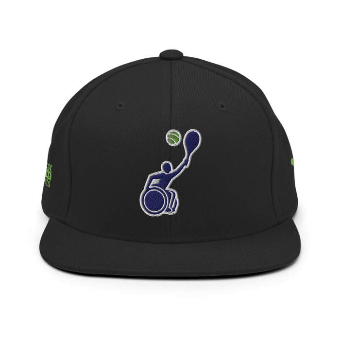 Front angle of the MAS Kansas City Advantage Wheelchair Tennis Silhouette Black Flat Bill Snapback against a white background