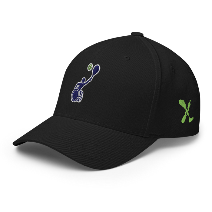 Front left angle of the MAS Kansas City Advantage Wheelchair Tennis Silhouette Black Flexfit Curved Bill Fitted against a white background