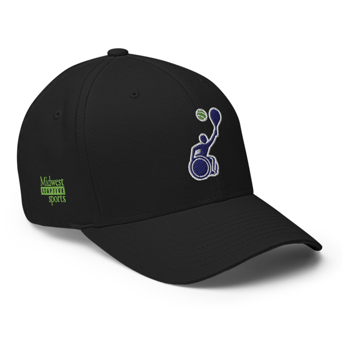 Front right angle of the MAS Kansas City Advantage Wheelchair Tennis Silhouette Black Flexfit Curved Bill Fitted against a white background