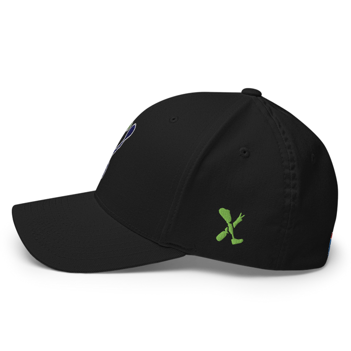Left angle of the MAS Kansas City Advantage Wheelchair Tennis Silhouette Black Flexfit Curved Bill Fitted against a white background