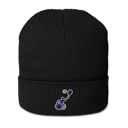 Front angle of the MAS Kansas City Advantage Wheelchair Tennis Silhouette Black Organic Beanie against a white background