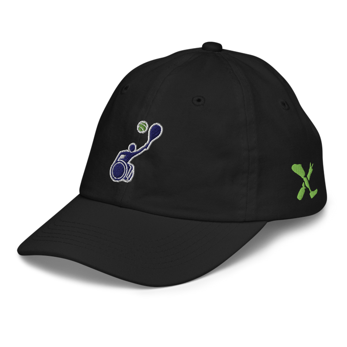 Front left angle of the MAS Kansas City Advantage Wheelchair Tennis Silhouette Black Youth Dad Hat against a white background