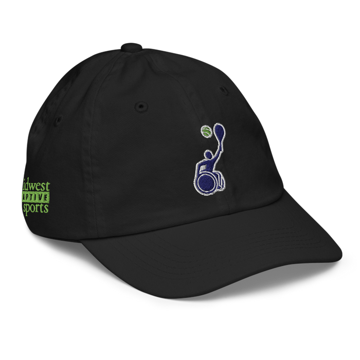 Front right angle of the MAS Kansas City Advantage Wheelchair Tennis Silhouette Black Youth Dad Hat against a white background