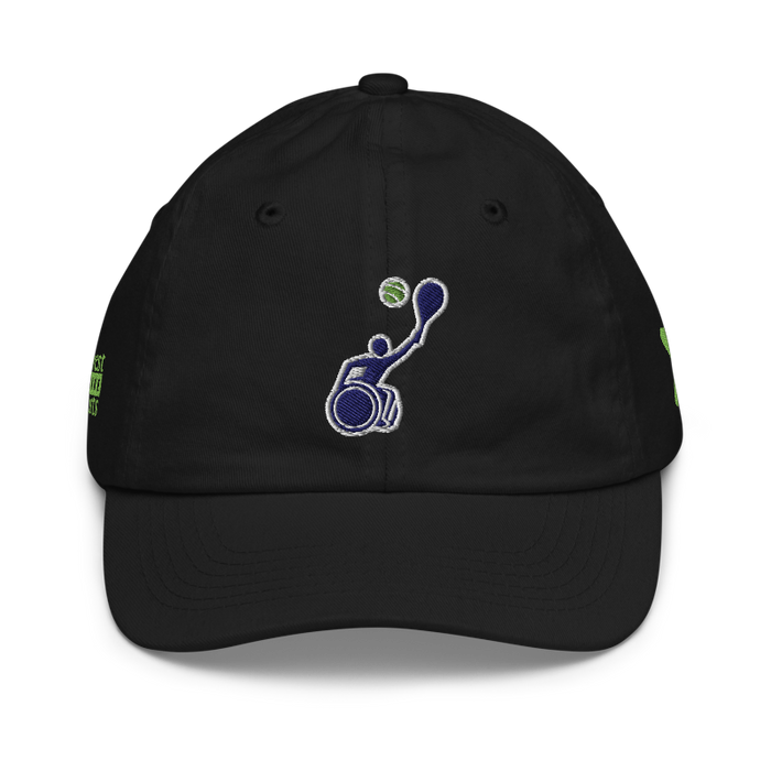Front angle of the MAS Kansas City Advantage Wheelchair Tennis Silhouette Black Youth Dad Hat against a white background