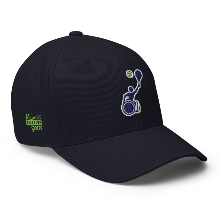 Front right angle of the MAS Kansas City Advantage Wheelchair Tennis Silhouette Dark Navy Flexfit Curved Bill Fitted against a white background