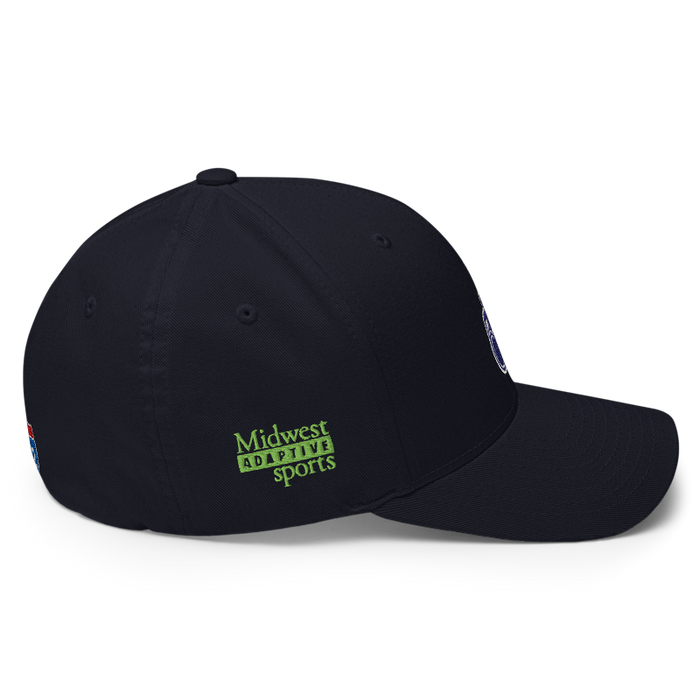 Right angle of the MAS Kansas City Advantage Wheelchair Tennis Silhouette Dark Navy Flexfit Curved Bill Fitted against a white background