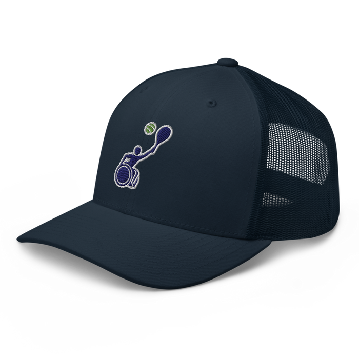 Front left angle of the MAS Kansas City Advantage Wheelchair Tennis Silhouette Navy Curved Bill Trucker Snapback against a white background