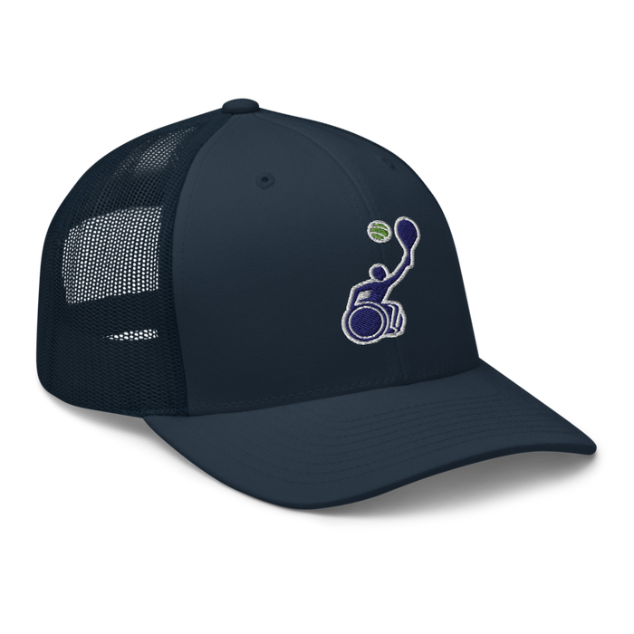 Front right angle of the MAS Kansas City Advantage Wheelchair Tennis Silhouette Navy Curved Bill Trucker Snapback against a white background
