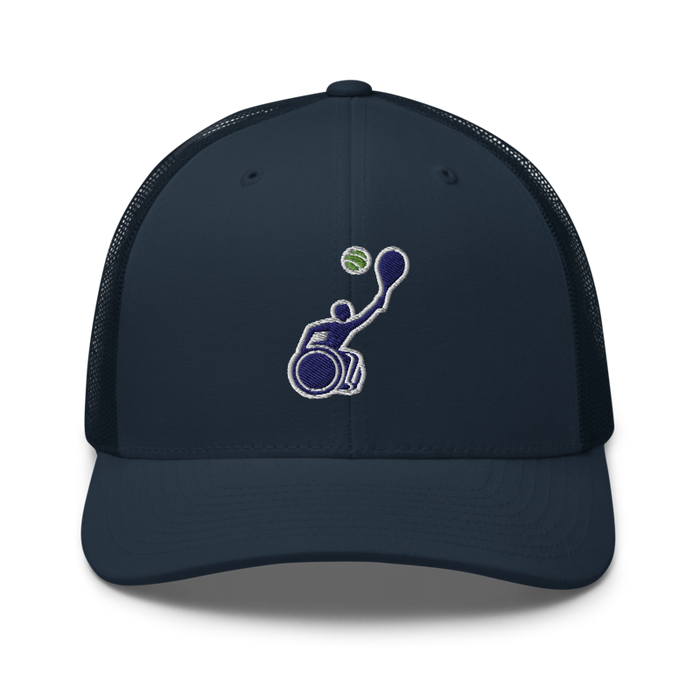 Front angle of the MAS Kansas City Advantage Wheelchair Tennis Silhouette Navy Curved Bill Trucker Snapback against a white background