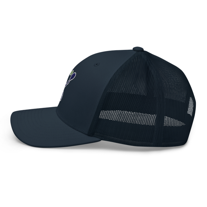 Left angle of the MAS Kansas City Advantage Wheelchair Tennis Silhouette Navy Curved Bill Trucker Snapback against a white background