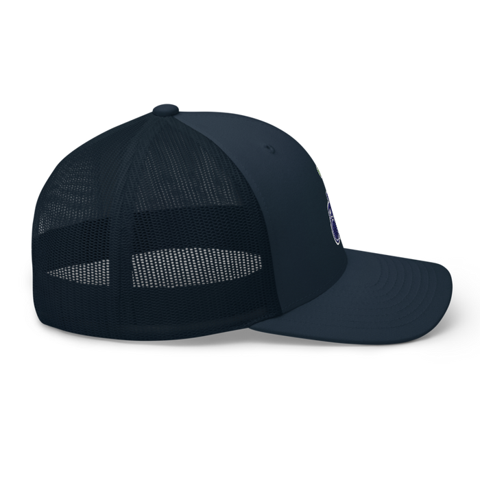 Right angle of the MAS Kansas City Advantage Wheelchair Tennis Silhouette Navy Curved Bill Trucker Snapback against a white background