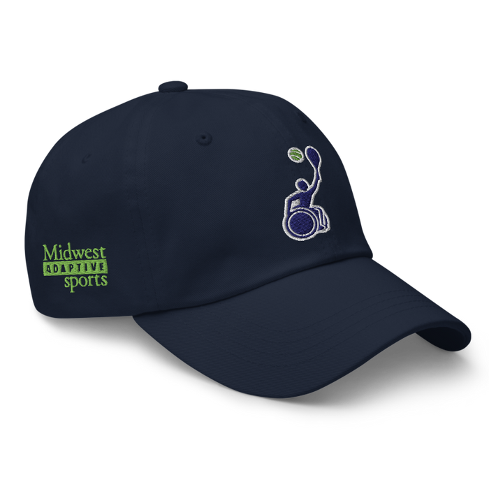Front right angle of the MAS Kansas City Advantage Wheelchair Tennis Silhouette Navy Dad Hat against a white background