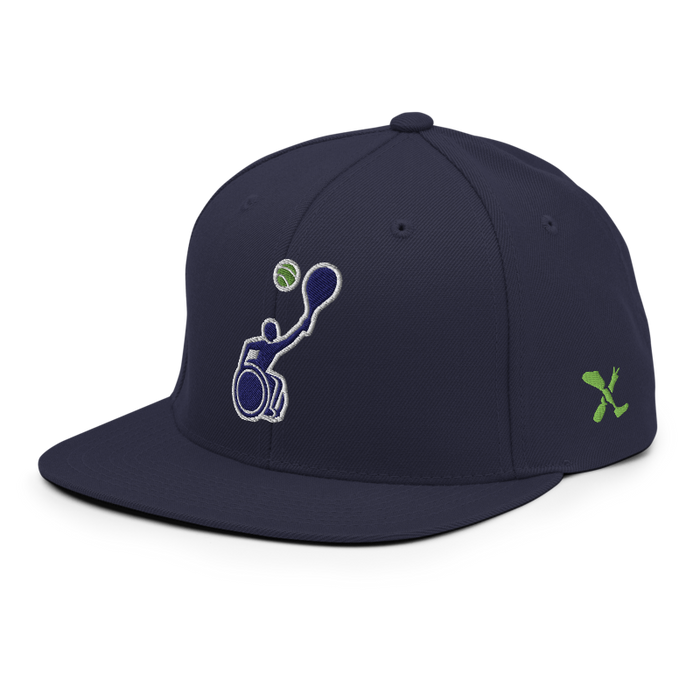 Front left angle of the MAS Kansas City Advantage Wheelchair Tennis Silhouette Navy Flat Bill Snapback against a white background