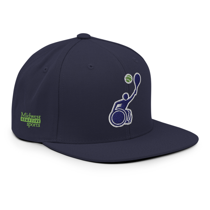 Front right angle of the MAS Kansas City Advantage Wheelchair Tennis Silhouette Navy Flat Bill Snapback against a white background