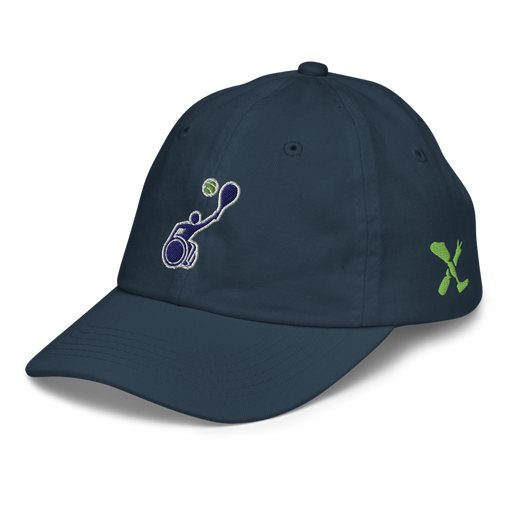 Front left angle of the MAS Kansas City Advantage Wheelchair Tennis Silhouette Navy Youth Dad Hat against a white background