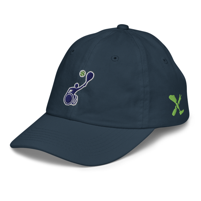 Front left angle of the MAS Kansas City Advantage Wheelchair Tennis Silhouette Navy Youth Dad Hat against a white background