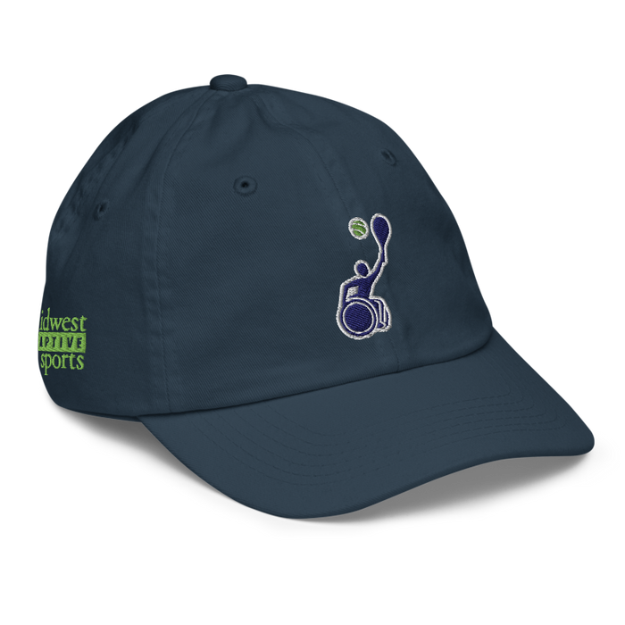 Front right angle of the MAS Kansas City Advantage Wheelchair Tennis Silhouette Navy Youth Dad Hat against a white background