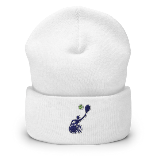 Front angle of the MAS Kansas City Advantage Wheelchair Tennis Silhouette White Beanie against a white background