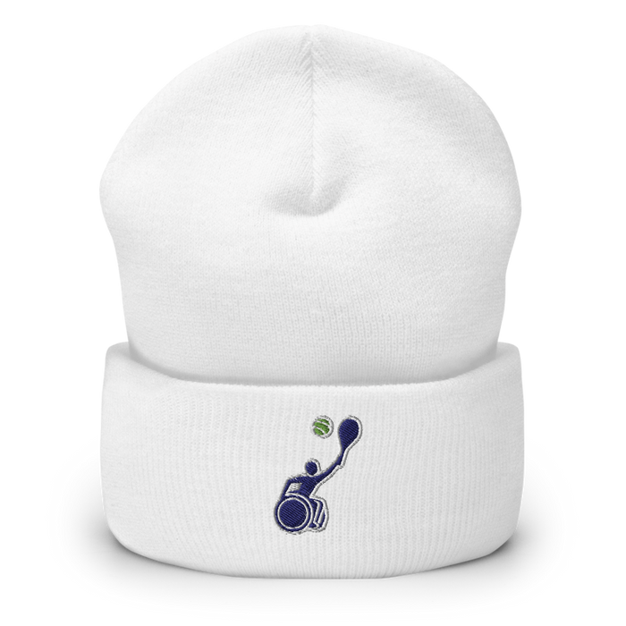 Front angle of the MAS Kansas City Advantage Wheelchair Tennis Silhouette White Beanie against a white background