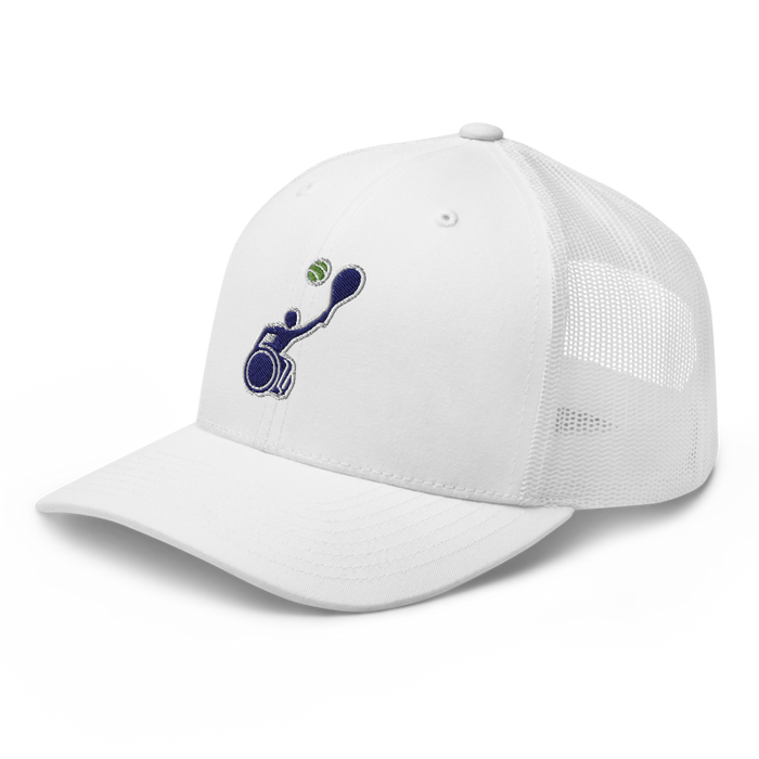 Front left angle of the MAS Kansas City Advantage Wheelchair Tennis Silhouette White Curved Bill Trucker Snapback against a white background