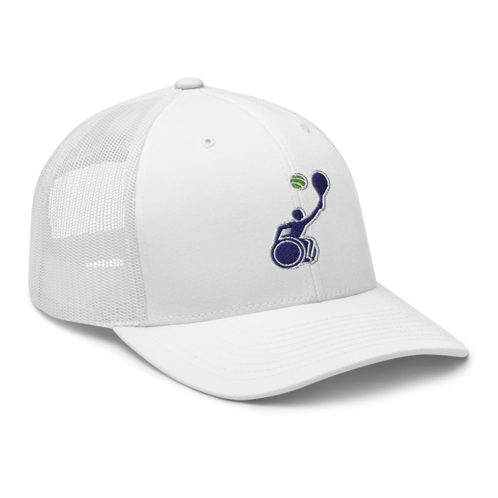 Front right angle of the MAS Kansas City Advantage Wheelchair Tennis Silhouette White Curved Bill Trucker Snapback against a white background