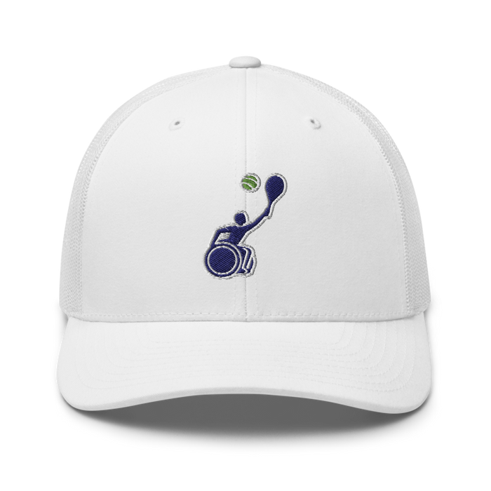 Front angle of the MAS Kansas City Advantage Wheelchair Tennis Silhouette White Curved Bill Trucker Snapback against a white background