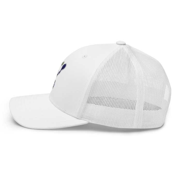 Left angle of the MAS Kansas City Advantage Wheelchair Tennis Silhouette White Curved Bill Trucker Snapback against a white background