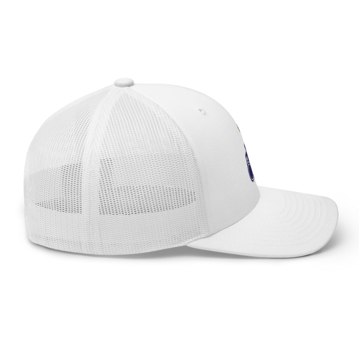 Right angle of the MAS Kansas City Advantage Wheelchair Tennis Silhouette White Curved Bill Trucker Snapback against a white background