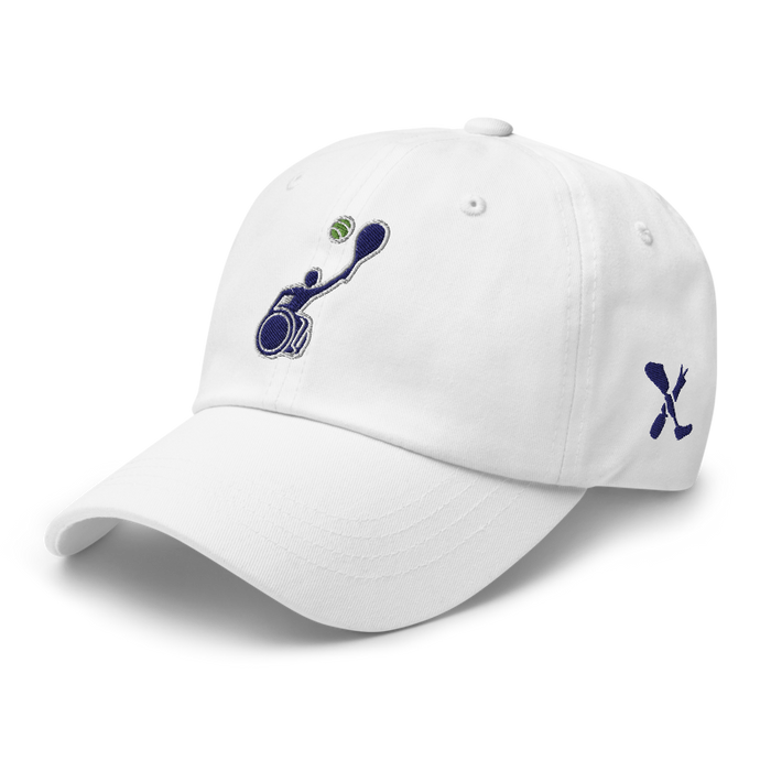 Front left angle of the MAS Kansas City Advantage Wheelchair Tennis Silhouette White Dad Hat against a white background