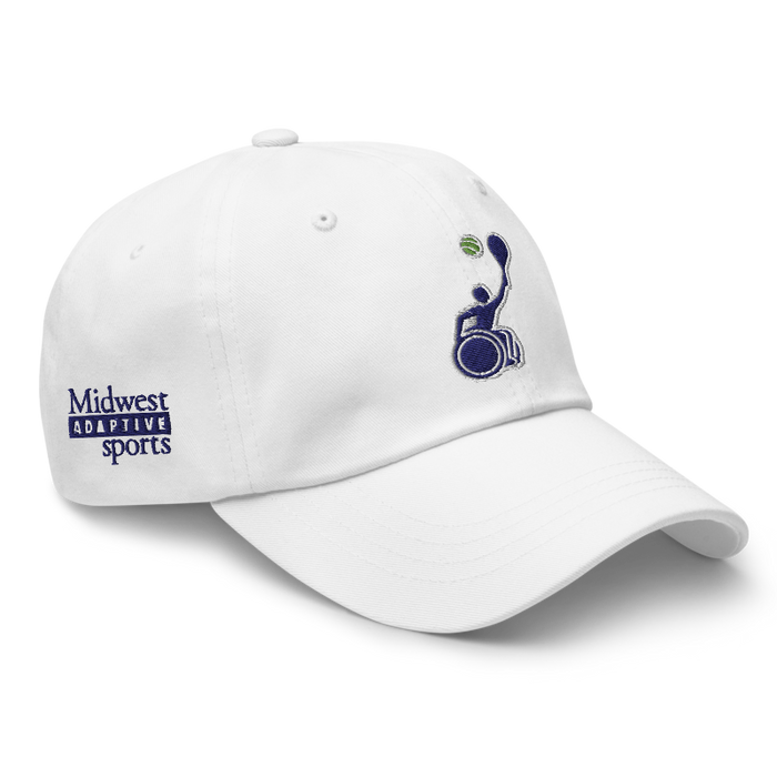 Front right angle of the MAS Kansas City Advantage Wheelchair Tennis Silhouette White Dad Hat against a white background
