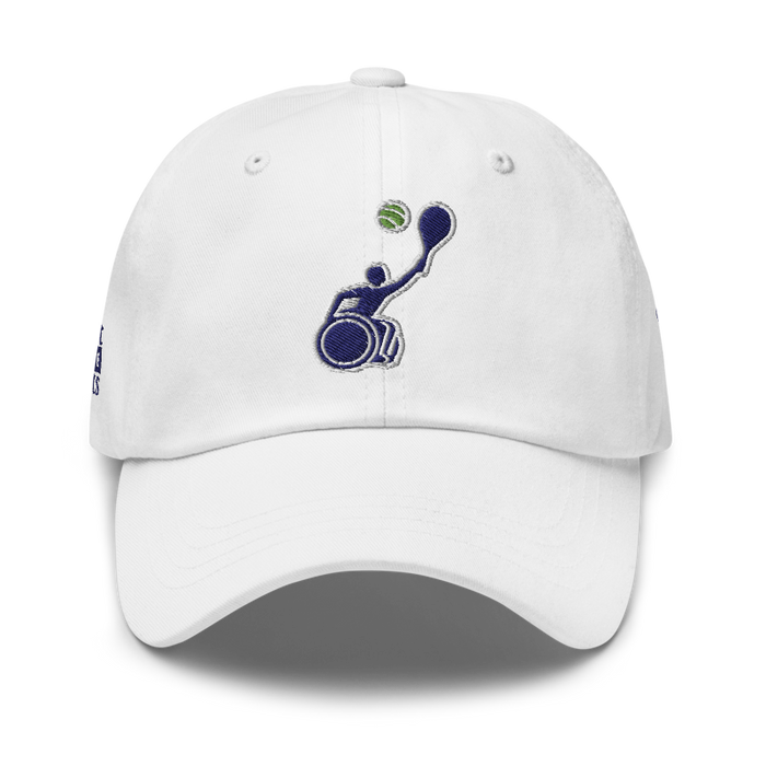 Front angle of the MAS Kansas City Advantage Wheelchair Tennis Silhouette White Dad Hat against a white background