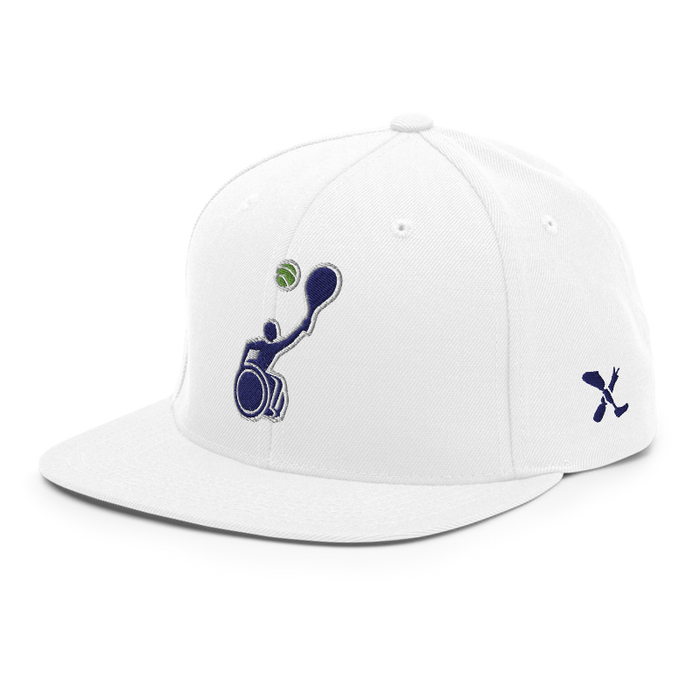 Front left angle of the MAS Kansas City Advantage Wheelchair Tennis Silhouette White Flat Bill Snapback against a white background