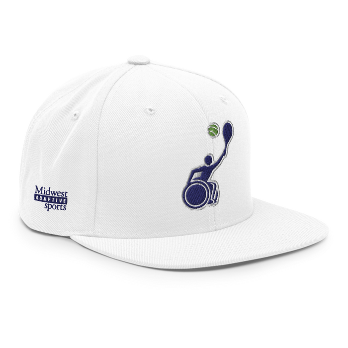 Front right angle of the MAS Kansas City Advantage Wheelchair Tennis Silhouette White Flat Bill Snapback against a white background