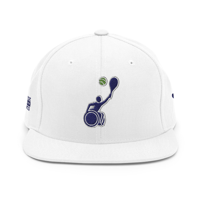 Front angle of the MAS Kansas City Advantage Wheelchair Tennis Silhouette White Flat Bill Snapback against a white background