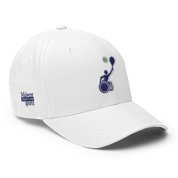 Front right angle of the MAS Kansas City Advantage Wheelchair Tennis Silhouette White Flexfit Curved Bill Fitted against a white background