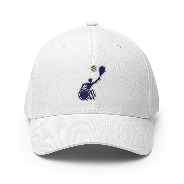 Front angle of the MAS Kansas City Advantage Wheelchair Tennis Silhouette White Flexfit Curved Bill Fitted against a white background