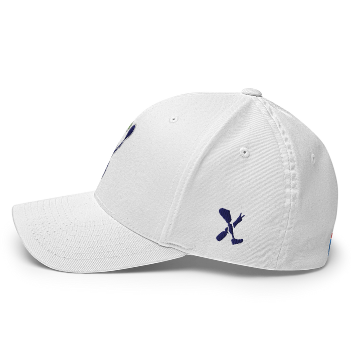 Left angle of the MAS Kansas City Advantage Wheelchair Tennis Silhouette White Flexfit Curved Bill Fitted against a white background
