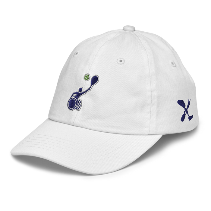 Front left angle of the MAS Kansas City Advantage Wheelchair Tennis Silhouette White Youth Dad Hat against a white background