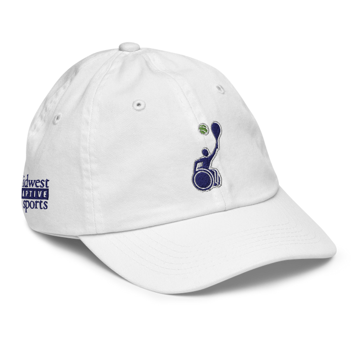 Front right angle of the MAS Kansas City Advantage Wheelchair Tennis Silhouette White Youth Dad Hat against a white background