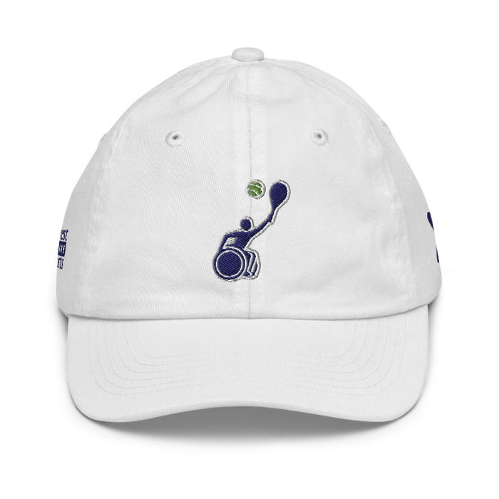 Front angle of the MAS Kansas City Advantage Wheelchair Tennis Silhouette White Youth Dad Hat against a white background