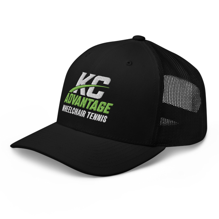 Front left angle of the MAS Kansas City Advantage Wheelchair Tennis Wordmark Black Curved Bill Trucker Snapback against a white background